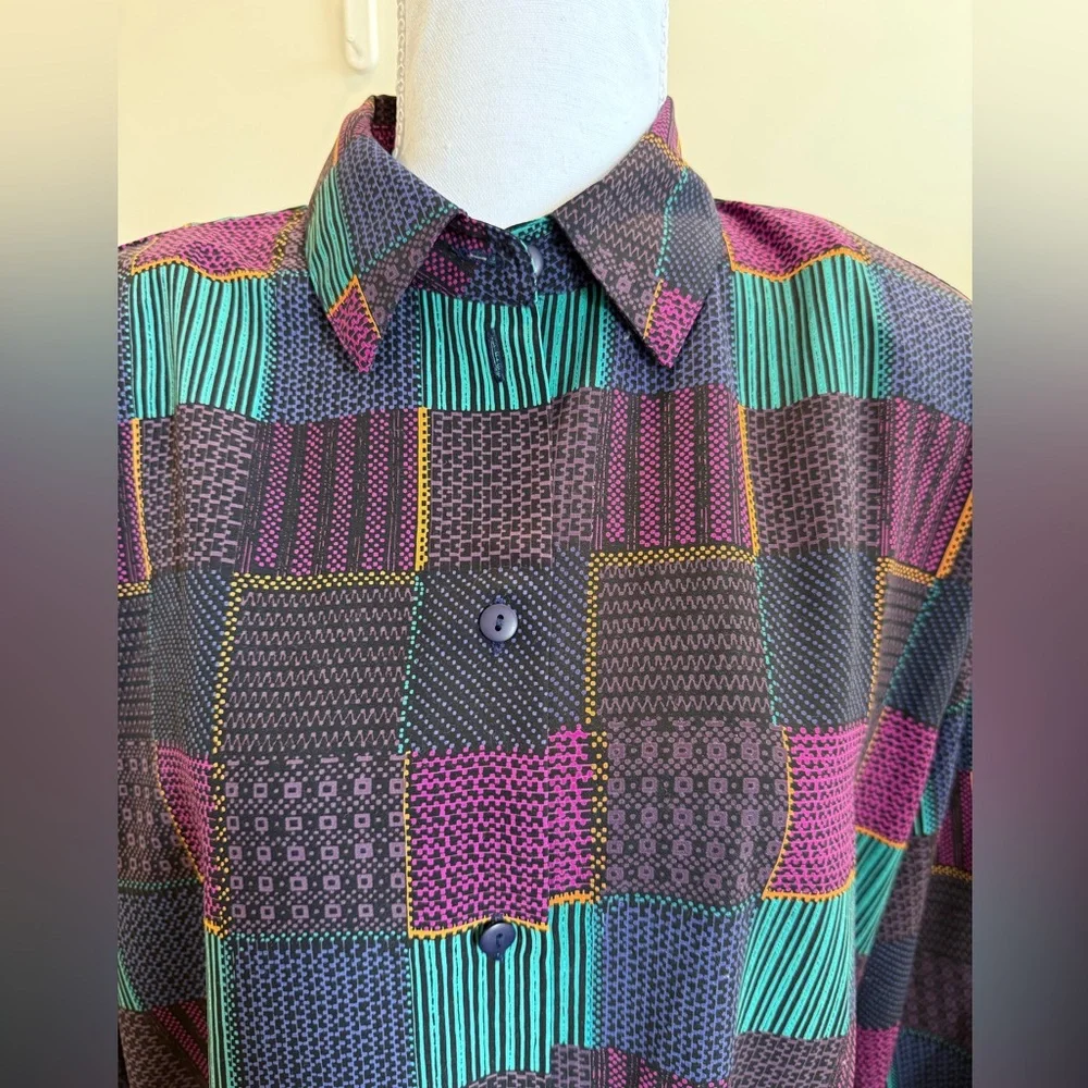 Alia Patchwork Geometric Button Down Size 16 Abstract 90s Vintage Grunge Indie - Picture 6 of 9